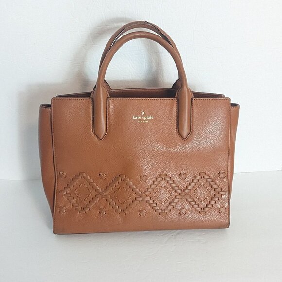 Kate Spade Flynn Street Meriweather Satchel Bag Warm Cognac Tan Braid Weave - Picture 2 of 15